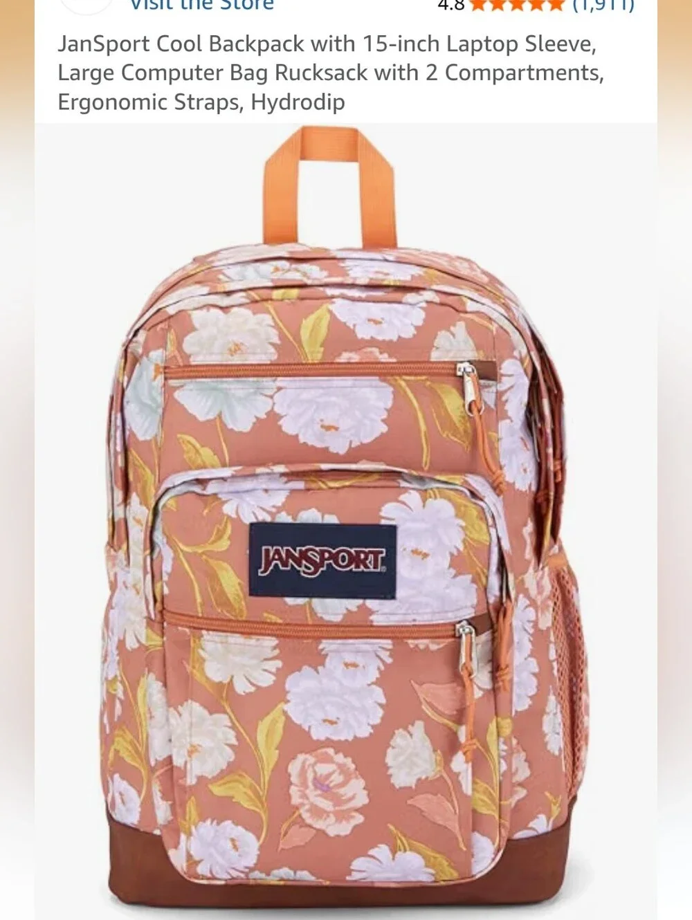 Jansport Peach Floral Backpack with White Blooms - Picture 1 of 3